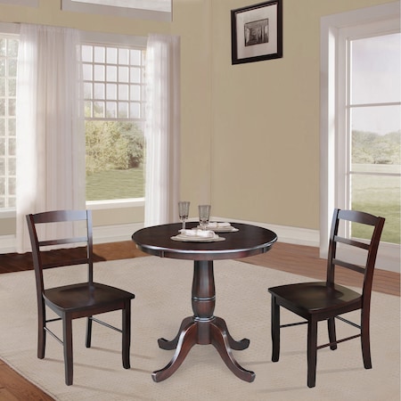 International Concepts 30 in. Round Pedestal Dining Table with 2 Madrid LadderBack Chairs K15-30RT-C2-2